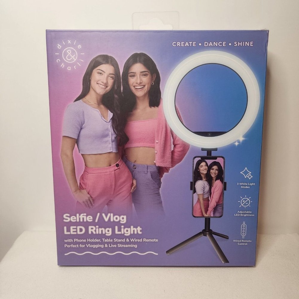 DIXIE & CHARLI SELFIE/VLOG LED RING LIGHT TABLE STAND WIRED REMOTE PHONE HOLDER